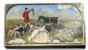 Fox Hunting: A Victorian rectangular silver and enamel Vesta Case, painted with a Meet, 5.7cm, by