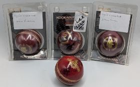 4x Signed leather Cricket Balls, with names of Kevin Piterson, Nick Cook, Graham Swann and