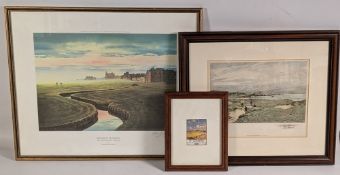 3x Golf Prints, a small St Andrews golf poster, cigarette sized framed print, hand coloured