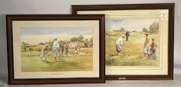 2x Douglas E West Golf prints named - And Now the 19th Hole, and The Long Chip - framed under