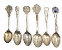 6x Silver and enamel Golfing Spoons to include Pinner Hill Golf Club, Tunbridge Wells Golf Club
