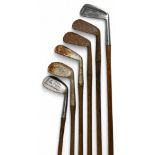 6x Assorted Golf irons 2x rustless models a flanged sole driving iron for SF Doornan Banff, and a St