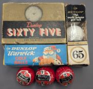 Vintage Dunlop 65 & Warwick Golf Ball boxes and tubes, assorted sets with most balls still wrapped -
