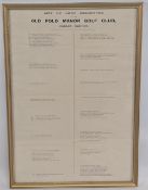 Period Old Fold Manor Golf Club Hadley, Barnet, List of Lady Associates, framed under glass size -
