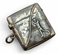 Period 925 Sterling Silver Golf Vesta Case, depiction a golfer in swing 3cm x 4.5cm x 2cm, in good