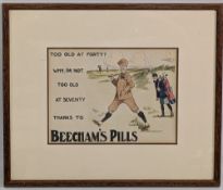 Hand Coloured Golfing Beecham's Pills Print of a golfer and caddy, size 36cm x 43cm