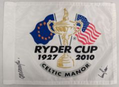 2010 Ryder Cup signed Pin Flag with signatures from Colin Montgomerie and Corey Pavin Captains -