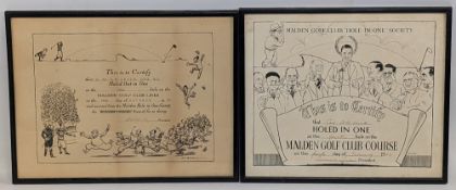 1947 and 1962 Hole in One Malden Golf Clubs Link Certificates - the 1947 award issued by Jim Bateman