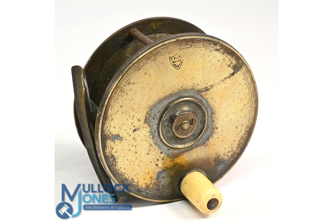 T Pape of Newcastle Maker 4" brass Salmon fly reel with white handle, strong constant check, maker's - Image 1 of 2