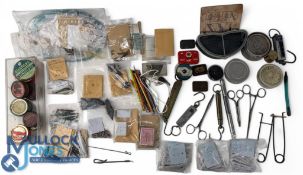 Box of vintage accessories including pike gags, disgorgers, various plummets, shot tins, line