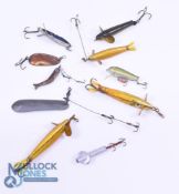 Collection of 10 vintage Hardy lures including 3x Golden Spratt Devons, a 2.5