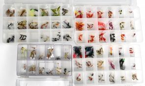 4 x multi compartment plastic fly boxes, holding large selection of trout fishing flies, including