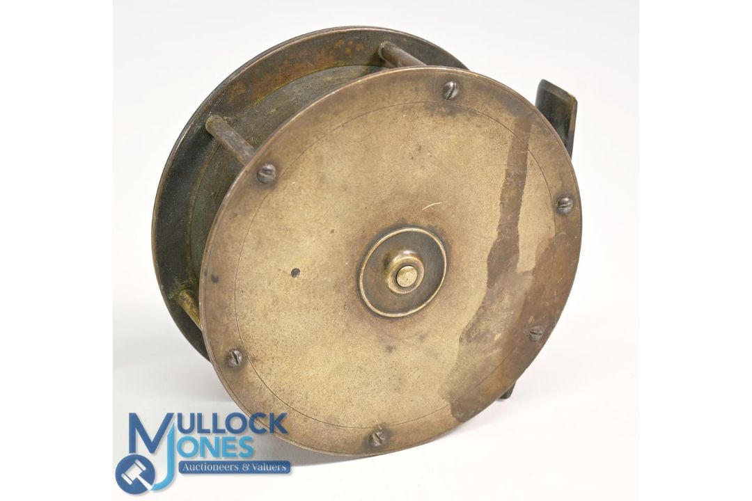 T Pape of Newcastle Maker 4" brass Salmon fly reel with white handle, strong constant check, maker's - Image 2 of 2