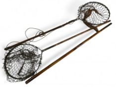 2x Period Folding Landing Nets, one made by Hardy Bros, with a burned bamboo net handle/ tip holder,