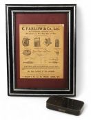 C Farlow 191 Strand London, black Japanned fly box with hinged window compartments, one