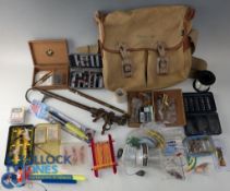 Barbour canvas/leather trout fishing bag, adjustable shoulder strap, brass extending gaff with