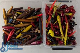 Large quantity of Flying C type lures, in various colours, most with hook mounts, and a box of Devon