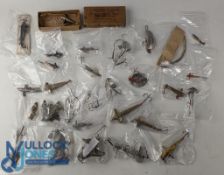 J Webber & Sons, Exeter, Devon minnow in maker's box, various Hardy and Archer crocodile mounts,