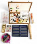 Richard Wheatley polished wood single layer fly box, containing collection of trout flies & lures,