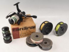 Abu Cardinal 84 fixed spool reel with 2 spare spools, counter balanced handle, good bail, rear