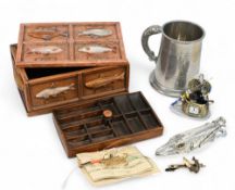 Fishing Collectables to include a pewter fishing mug, pike paper clip, pike tie clip, small quartz