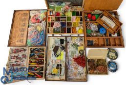 Quantity of fly-tying materials, wools, threads, silks, in 3 wooden compartment boxes, a further