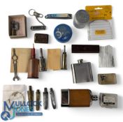 Mixed collection of vintage fishing tools and gadgets, including 2 hip flasks, one by Glen