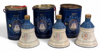 3x 1990 Royal - the Queen Mother's 90th Birthday - Eugine Bell's Whiskey Decanters Full, with worn/
