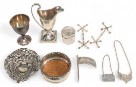 Selection of Hallmarked Silver to include small sauce jug, pair of knife rests, pin dish, egg cup,