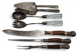 An Antique Carving Set, Hallmarked London 1921 - silver fittings on antler handles, a pair of
