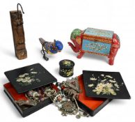 Triveni Arts & Crafts elephant, bird together with lacquered boxes, hand craved wall hook and a