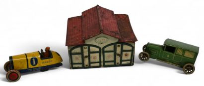 Lehmann (German) Tinplate 771 Garage and 765 Sedan Car, single garage with red roof, opening