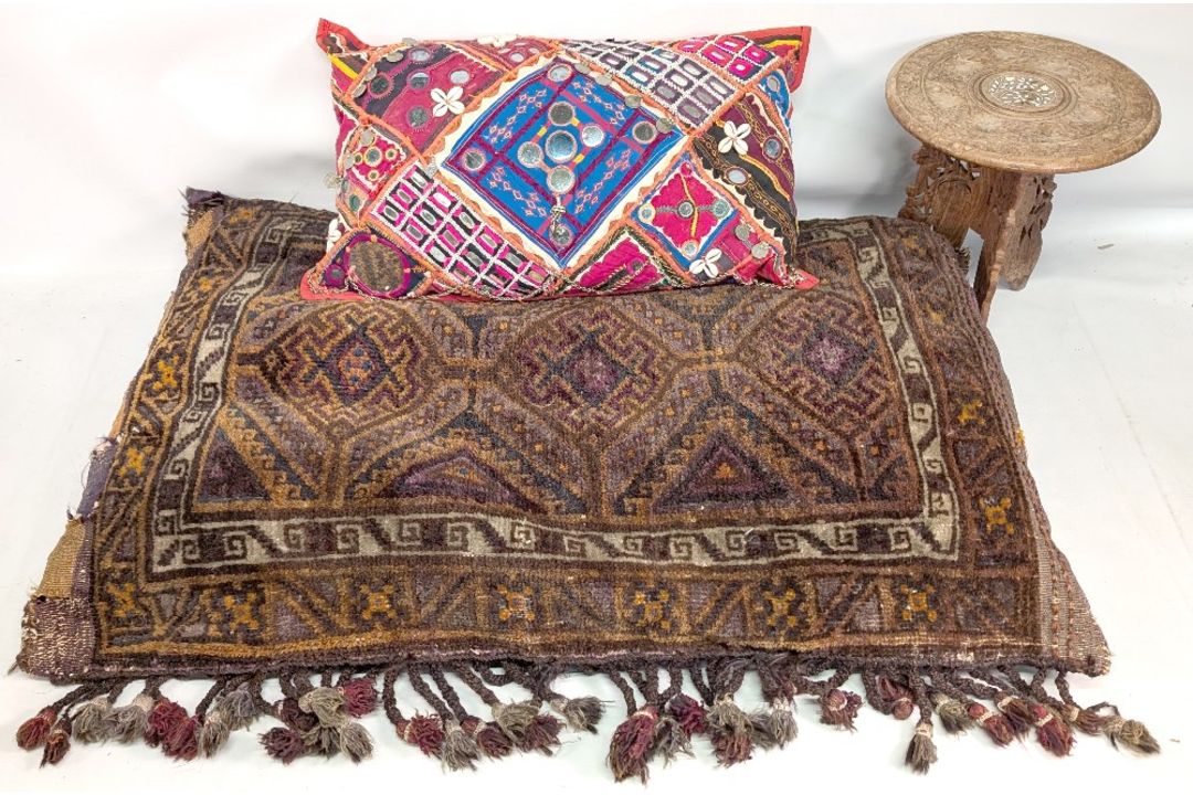 Large Indian Tribal Carpet Fabric Cushion, 104cm x 70cm and smaller decorated with shells, coins, - Image 3 of 3