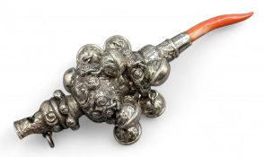 Silver and coral Baby Rattle, with rubbed hallmarks - good used condition