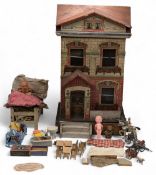 Small Antique German Gottschalk Dolls' House c1910, with printed brick and stone paper façade, comes