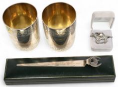 Pair of Hallmark Silver Beakers London 1875 - 250g together with Sterling Silver Horse Racing Brooch