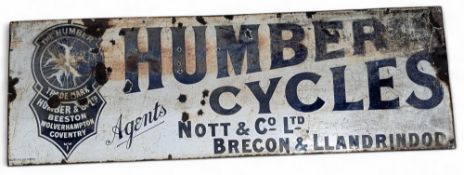 Original Humber Cycle Advertising Enamel Shop Sign, single sided sign Notts & Co Ltd Brecan and