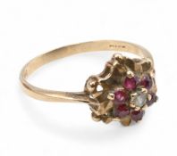 9ct Gold Ruby and Diamond cluster ring - UK size P 2.5g with stones