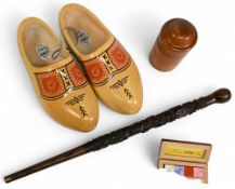 Treen Collectables: to include a pair of Dutch Clogs, a turned chemist bottle storage jar (with