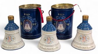 3x 1990 Royal - The Queen Mother's 90th Birthday Eugine Bell's Whiskey Decanters Full, two with