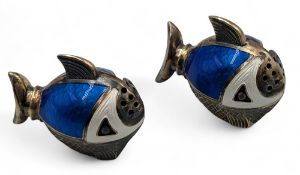 Pair of Sterling Silver and Enamel Norwegian Fish Salts - stamped sterling Norway blue and white