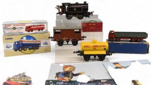 Selection of Vintage Toys to include O Guage Hornby Clockwork Loco with 2 Rolling stock, Corgi 97970