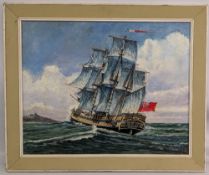 H Foster Oil on Board HMS Bounty, undated - size 39cm x 49cm