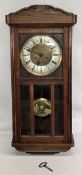 Edwardian Mahogany Wall Clock, with pendulum and key - some signs of repair to top of case