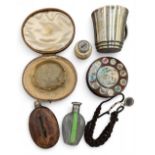 Mixed Collectibles, good Silver Topped scent bottles, early small hip flask, plated wrist bangle
