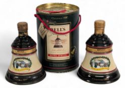 2x 1990 Christmas Bell's Extra Special Whiskey Decanters Full, one with a worn case, all complete