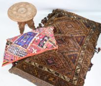 Large Indian Tribal Carpet Fabric Cushion, 104cm x 70cm and smaller decorated with shells, coins,