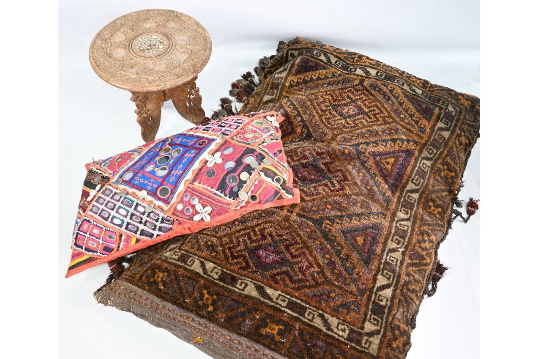 Large Indian Tribal Carpet Fabric Cushion, 104cm x 70cm and smaller decorated with shells, coins, - Image 1 of 3