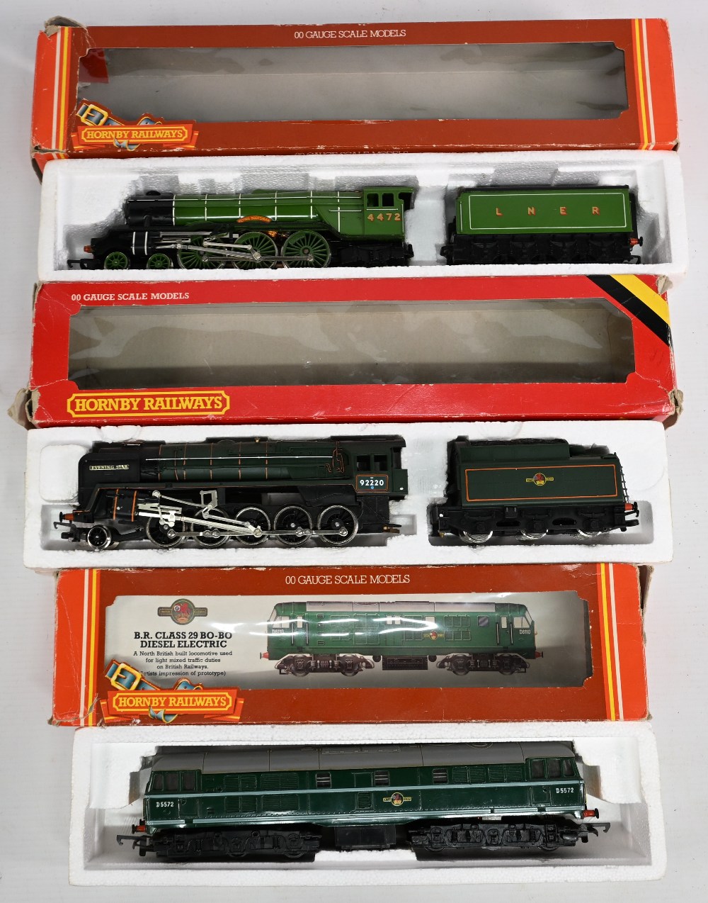 OO Guage Hornby Locomotives, 4472 LNER Flying Scotsman, BR Evening Star together with BR Class 29