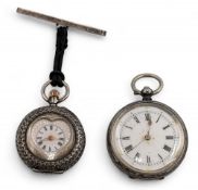 2x Ladies Pocket Fob Watches, continental, .935 watch with a heart shaped face, and a plated